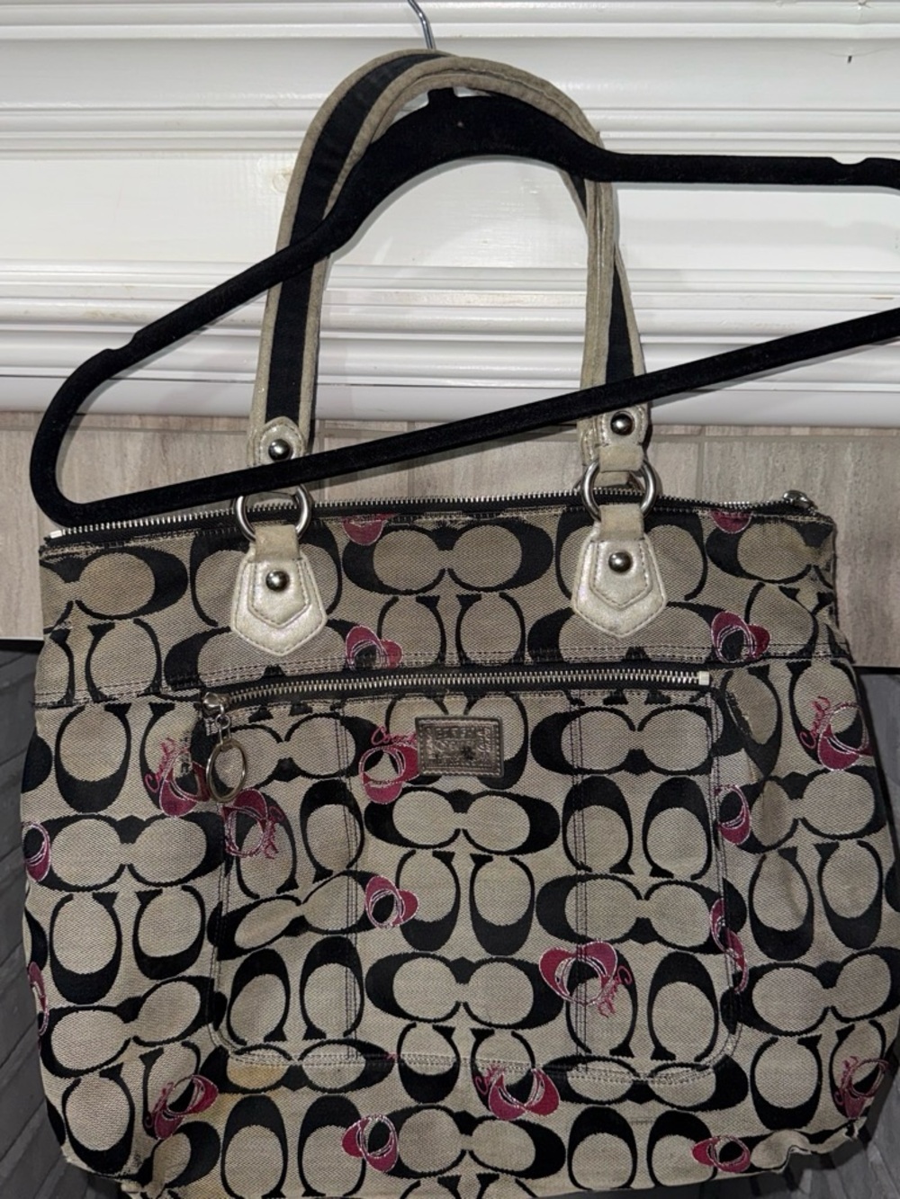 Coach Signature Canvas Tote Bag in Beige with Pink Accent